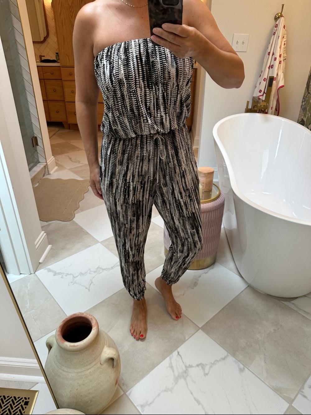 Peyton Jensen Strapless Black & White Patterned Jumpsuit